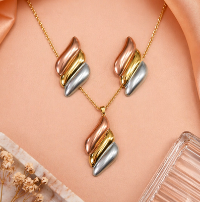 Anti Tarnish 3-Tone Combo Set with 1 pair of earring and Necklace 12