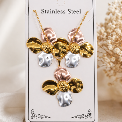 Anti Tarnish 3-tone combo set with 1 pair of earring and Necklace 3